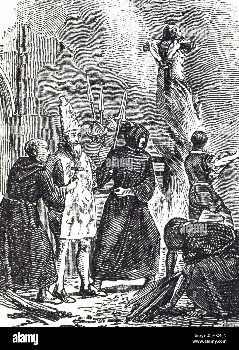 Woodblock engraving depicting a victim of the Spanish Inquisition being ...