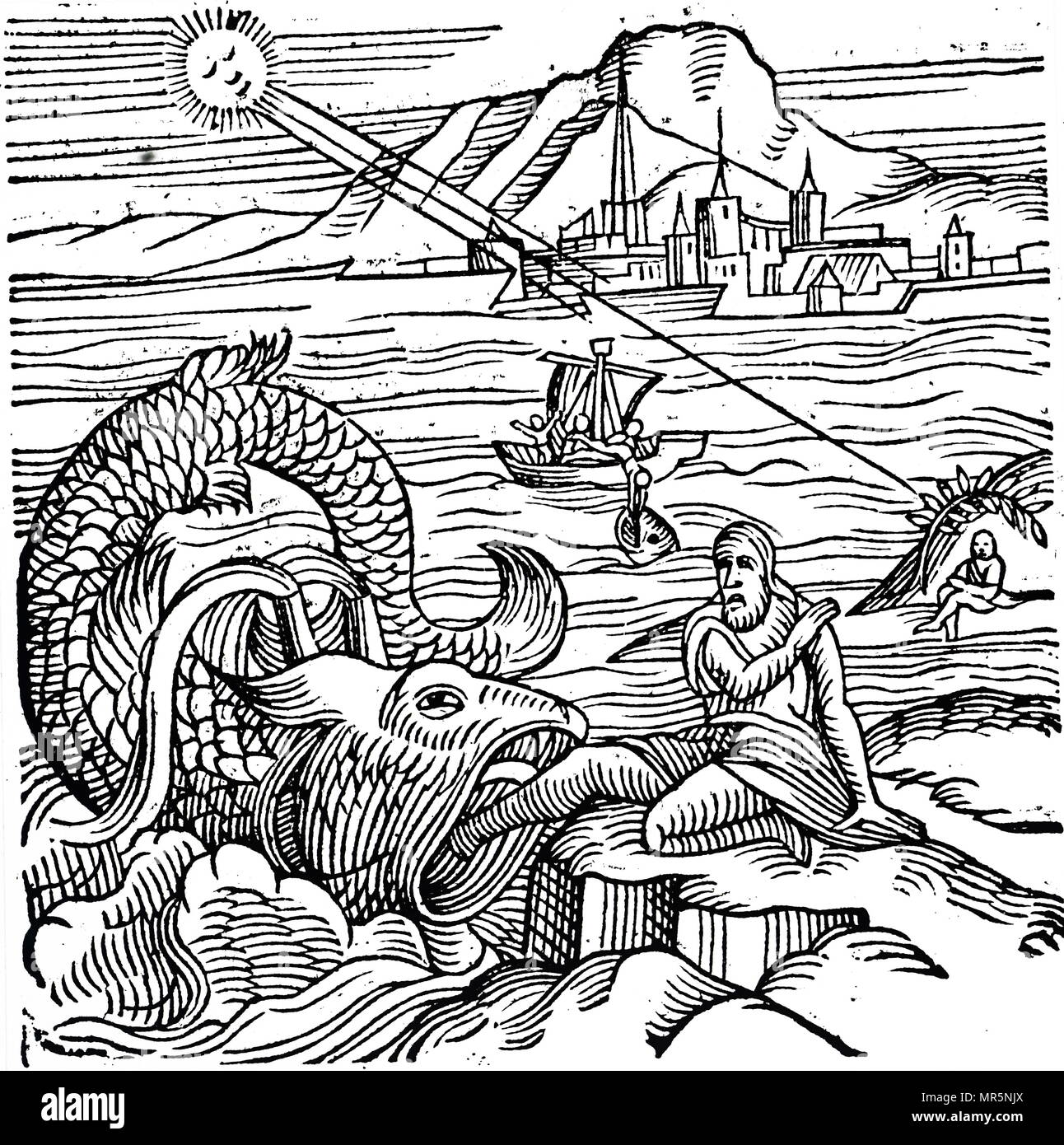 Woodblock engraving depicting Jonah being spewed up by the whale. In the middle of the picture he is shown falling overboard and being swallowed. Dated 16th century Stock Photo