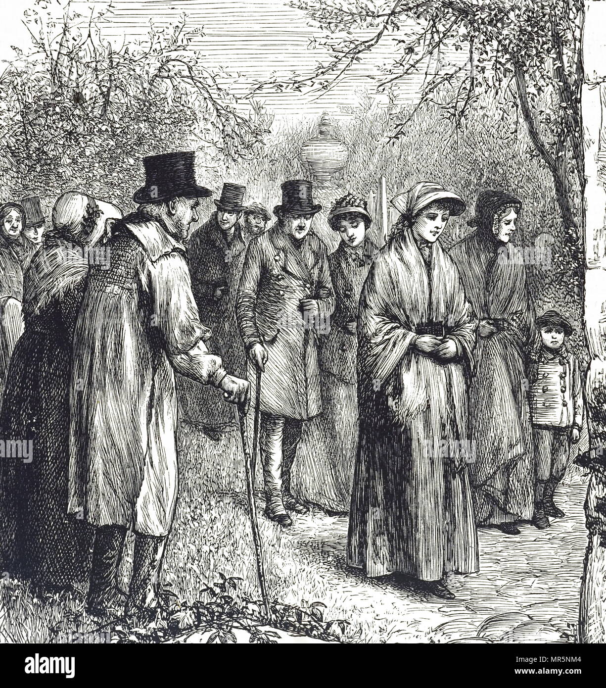Engraving depicting villagers going to church for the Easter service. Dated 19th century Stock Photo