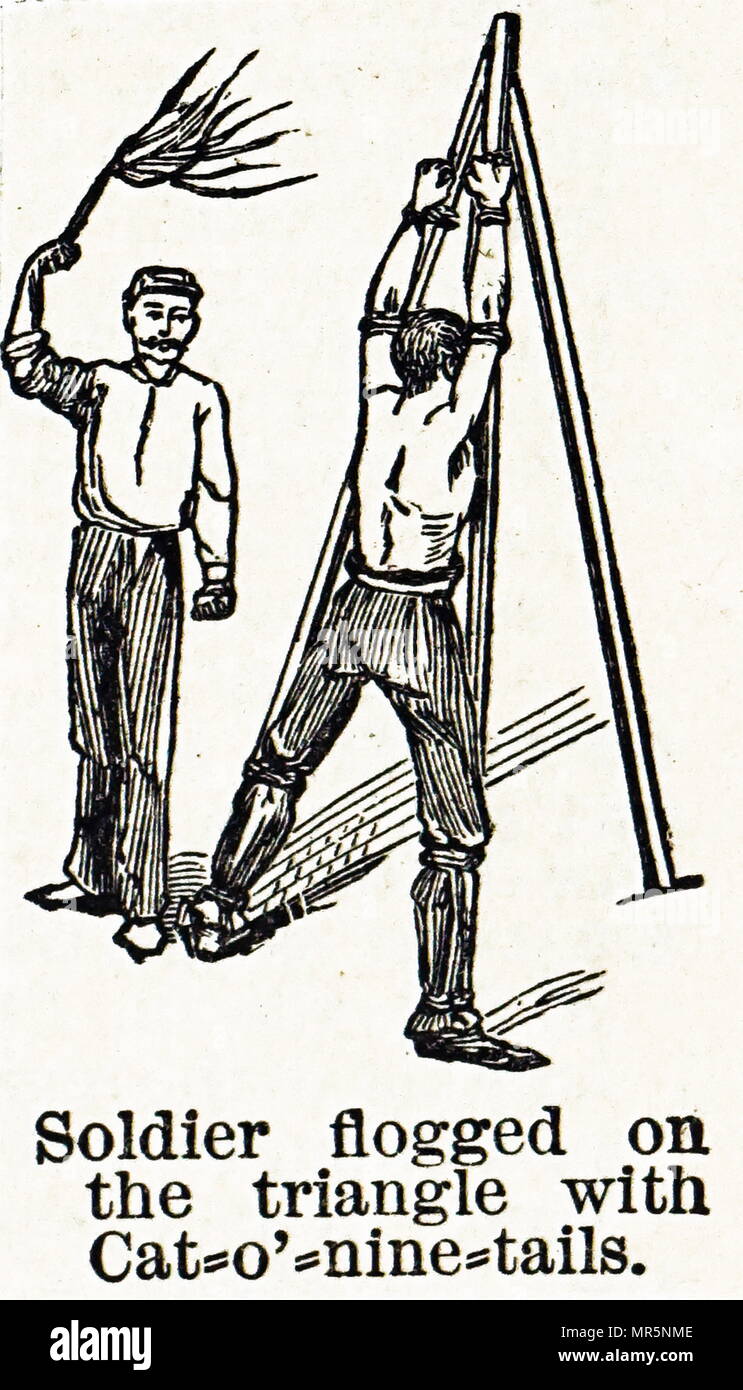 Engraving depicting a soldier being disciplined by flogging with a cat-o-nine-tails while tied to the triangle. Dated 20th century Stock Photo