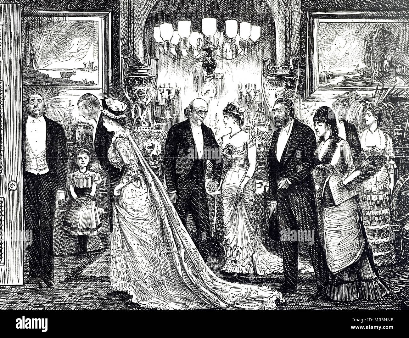 Cartoon depicting an elegant soirée in a Victorian home.  Illustrated by George du Maurier (1834-1896) a Franco-British cartoonist and author. Dated 19th century Stock Photo