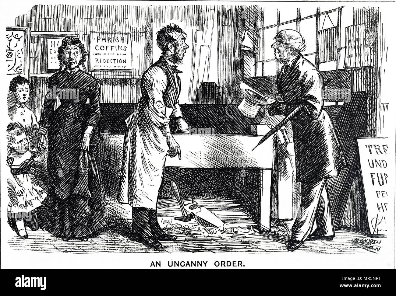 Cartoon depicting a coffin-maker's workshop in London. Dated 19th century Stock Photo