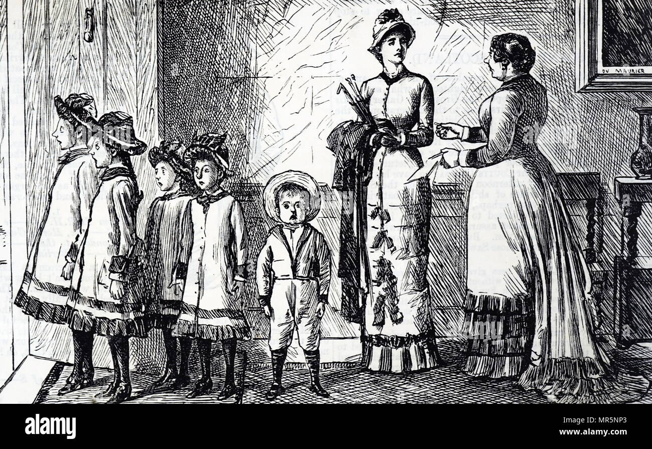 Cartoon depicting a mother with her brood. Illustrated by George du Maurier (1834-1896) a Franco-British cartoonist and author. Dated 19th century Stock Photo