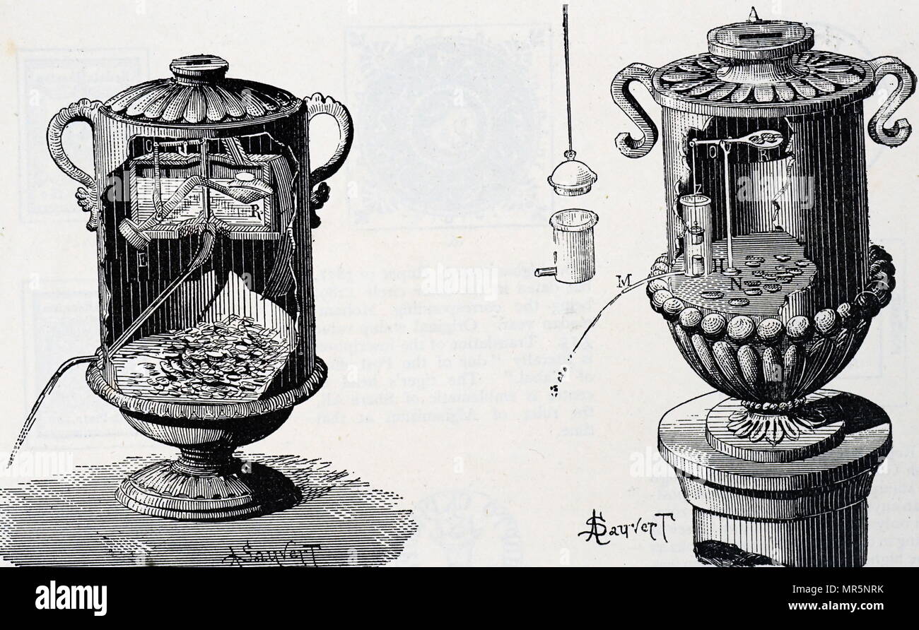 Engraving depicting a penny-in-the-slot machine (left) and a holy water dispenser (right). Dated 19th century Stock Photo