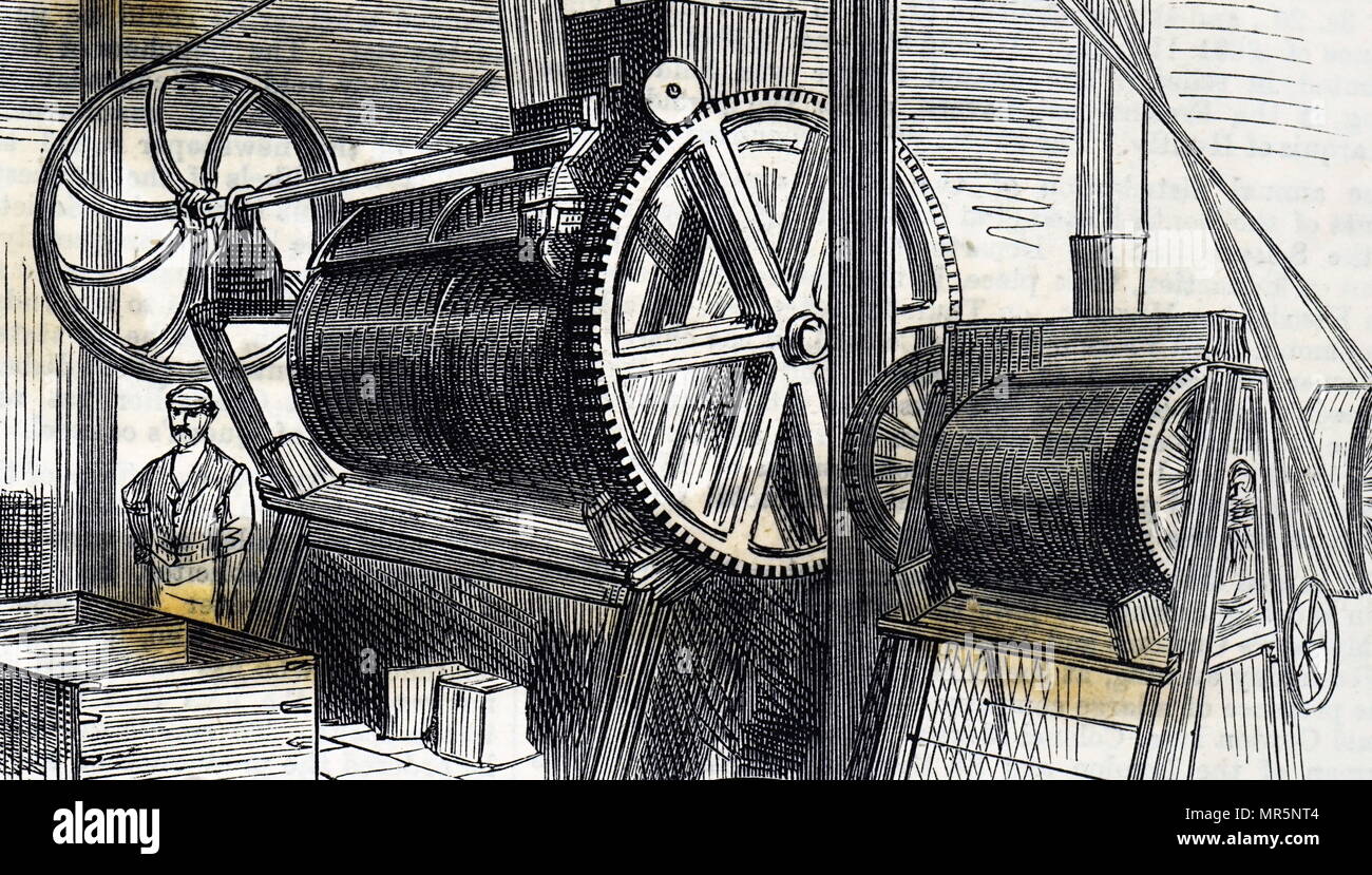 Engraving depicting dough mixing drums of the Peek Frean & Co.'s biscuit factory. Dated 19th century Stock Photo