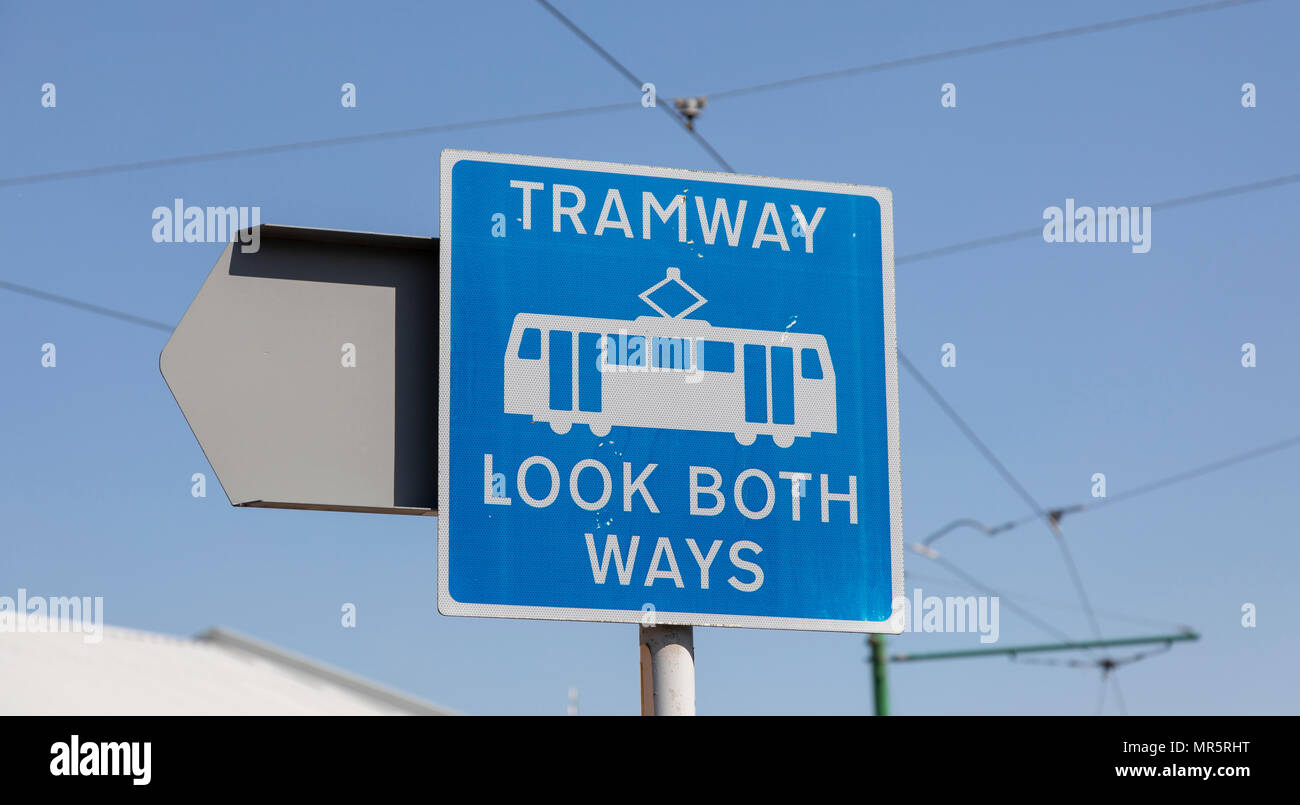 Tramway Sign Tramway sign saying look both ways Stock Photo - Alamy