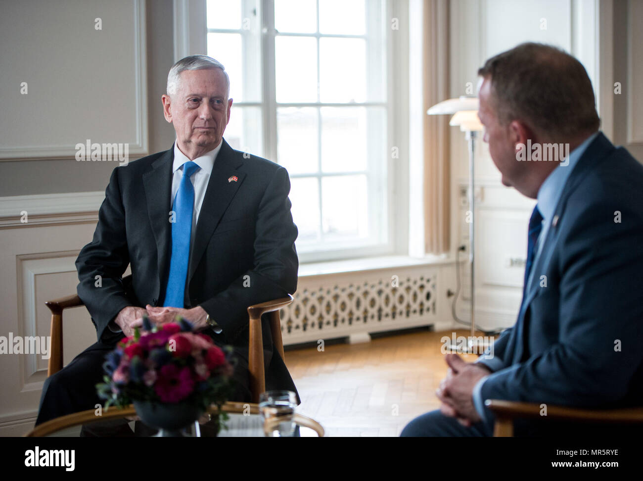 Secretary of Defense Jim Mattis meets with Lars Løkke Rasmussen, the prime minister of Denmark, at the Christiansborg Palace in Copenhagen, Denmark, May 9, 2017. (DOD photo by U.S. Air Force Staff Sgt. Jette Carr) Stock Photo