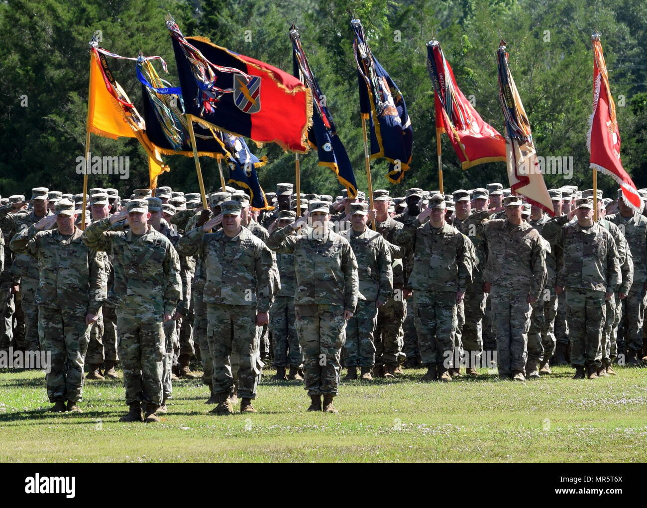 Georgia Army National Guard Soldiers of the Macon-based 48th Infantry Brigade Combat Team participate in the 3rd Infantry Division change of command ceremony at Fort Stewart, Ga. With a storied history that predates the American Revolution, the 48th IBCT was associated with the 3rd Infantry Division in 2016. Stock Photo