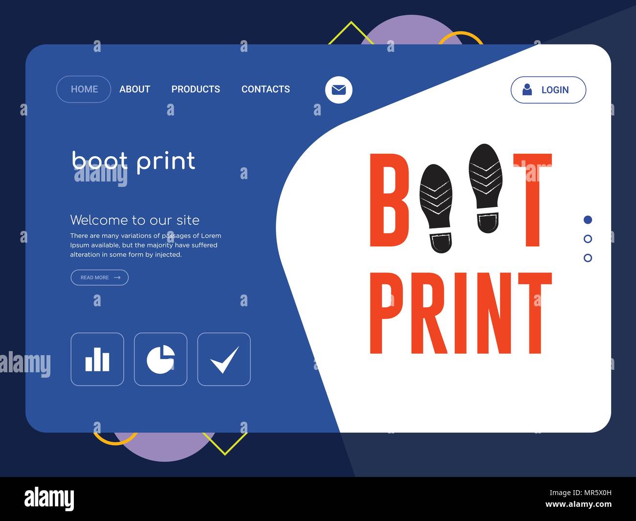Quality One Page boot print Website Template Vector Eps, Modern Web Design with flat UI elements and landscape illustration, ideal for landing page Stock Vector