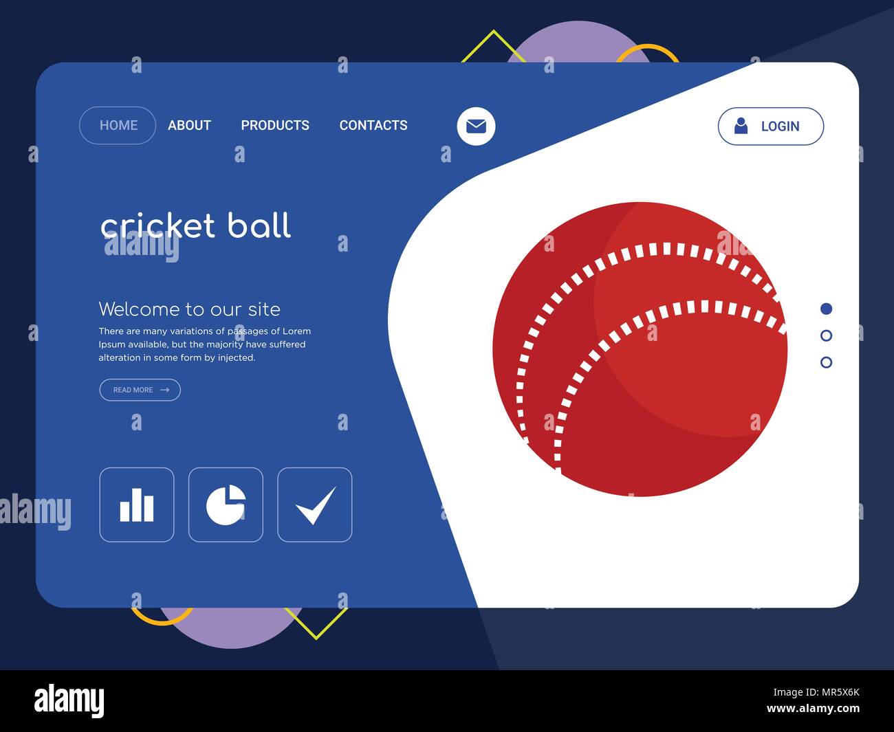 Quality One Page cricket ball Website Template Vector Eps, Modern Web Design with flat UI elements and landscape illustration, ideal for landing page Stock Vector Image and Art
