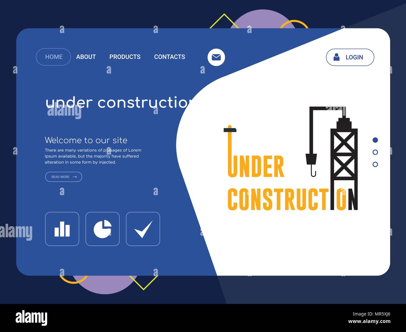 Quality One Page under construction Website Template Vector Eps, Modern Web Design with flat UI elements and landscape illustration, ideal for landing Stock Vector