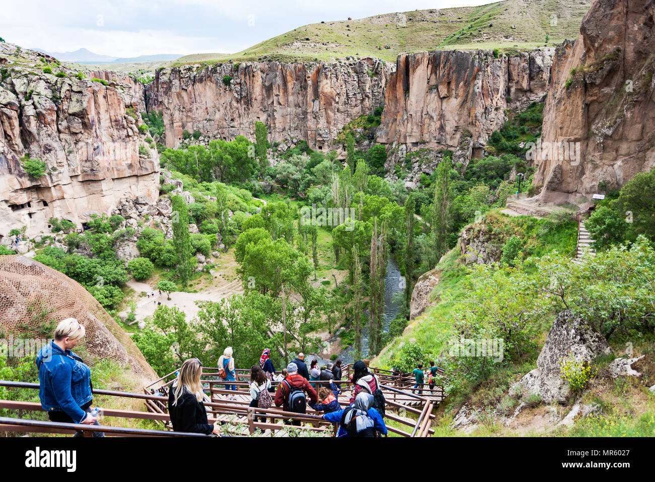IHLARA VALLEY, TURKEY - MAY 6, 2018: people walk to Ihlara Valley in Aksaray Province. Ihlara Valley is 16 km long gorge, it is the most famous valley Stock Photo