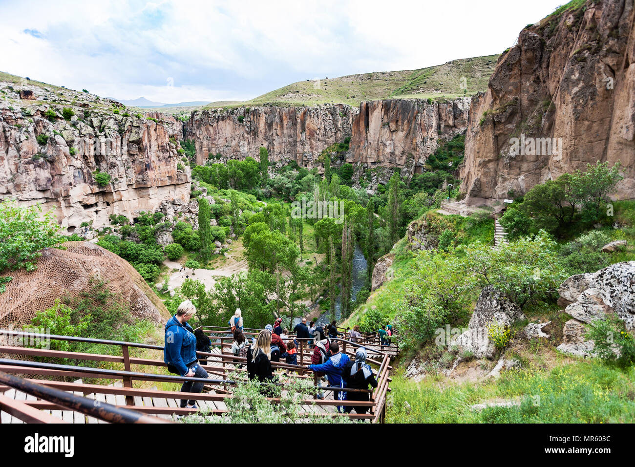 IHLARA VALLEY, TURKEY - MAY 6, 2018: people on stair to Ihlara Valley in Aksaray Province. Ihlara Valley is 16 km long gorge, it is the most famous va Stock Photo
