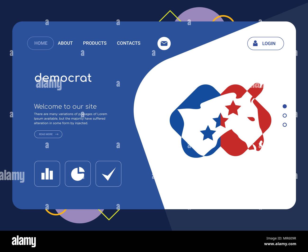 Quality One Page democrat Website Template Vector Eps, Modern Web Design with flat UI elements and landscape illustration, ideal for landing page Stock Vector