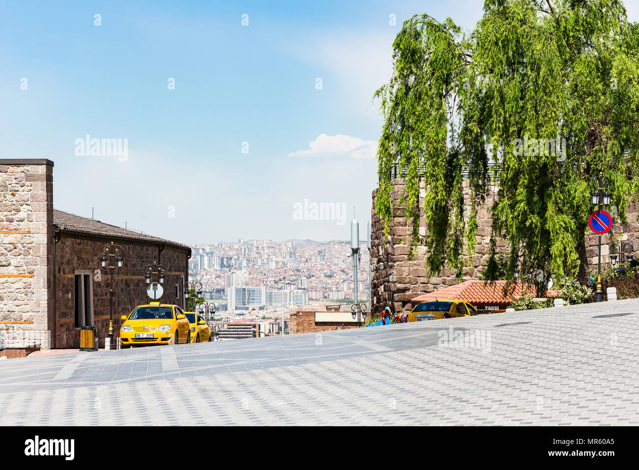 ANKARA, TURKEY - MAY 2, 2018: taxi parking and view of Ankara city from Gozcu square near Old Ankara Castle. Ankara is the capital of the Republic of  Stock Photo