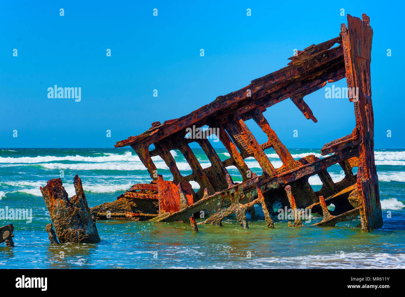 The Remains of the Peter Iredale ship that wrecked off the oregon coast in October 25, 1906. Stock Photo