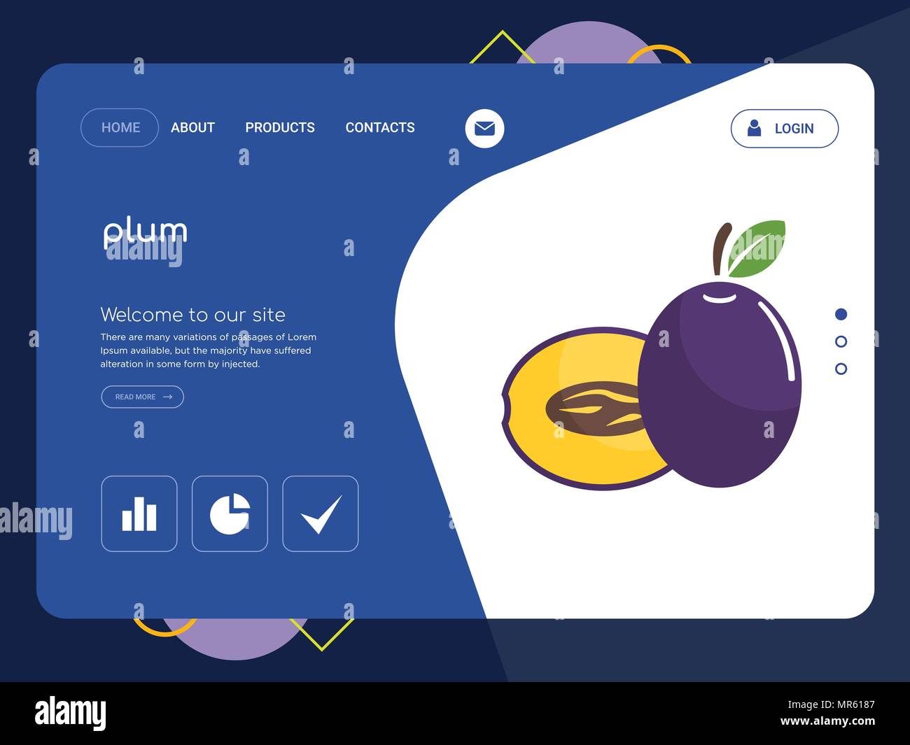 Quality One Page plum Website Template Vector Eps, Modern Web Design with flat UI elements and landscape illustration, ideal for landing page Stock Vector