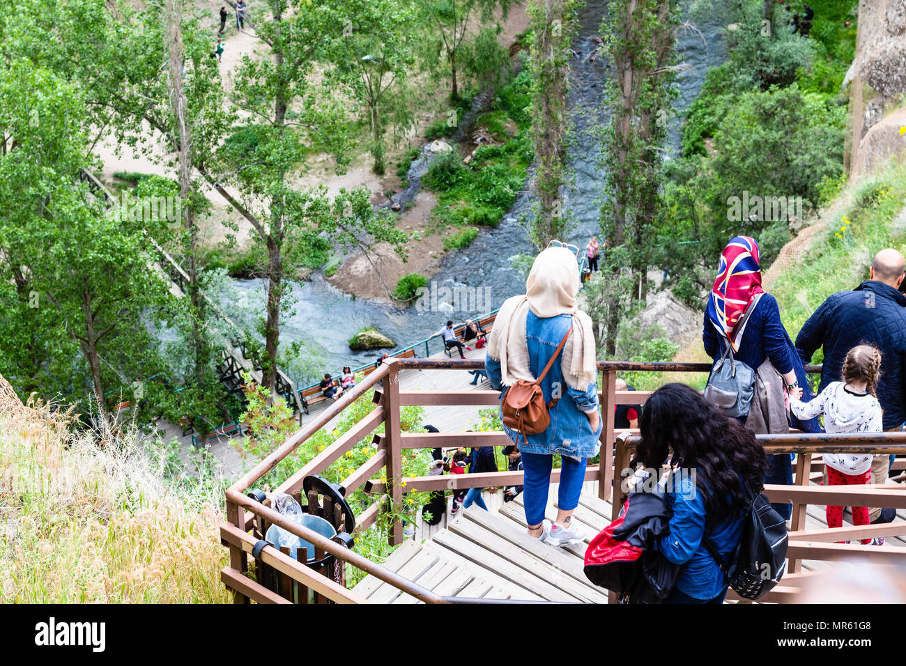 IHLARA VALLEY, TURKEY - MAY 6, 2018: tourists walk to Ihlara Valley in Aksaray Province. Ihlara Valley is 16 km long gorge, it is the most famous vall Stock Photo