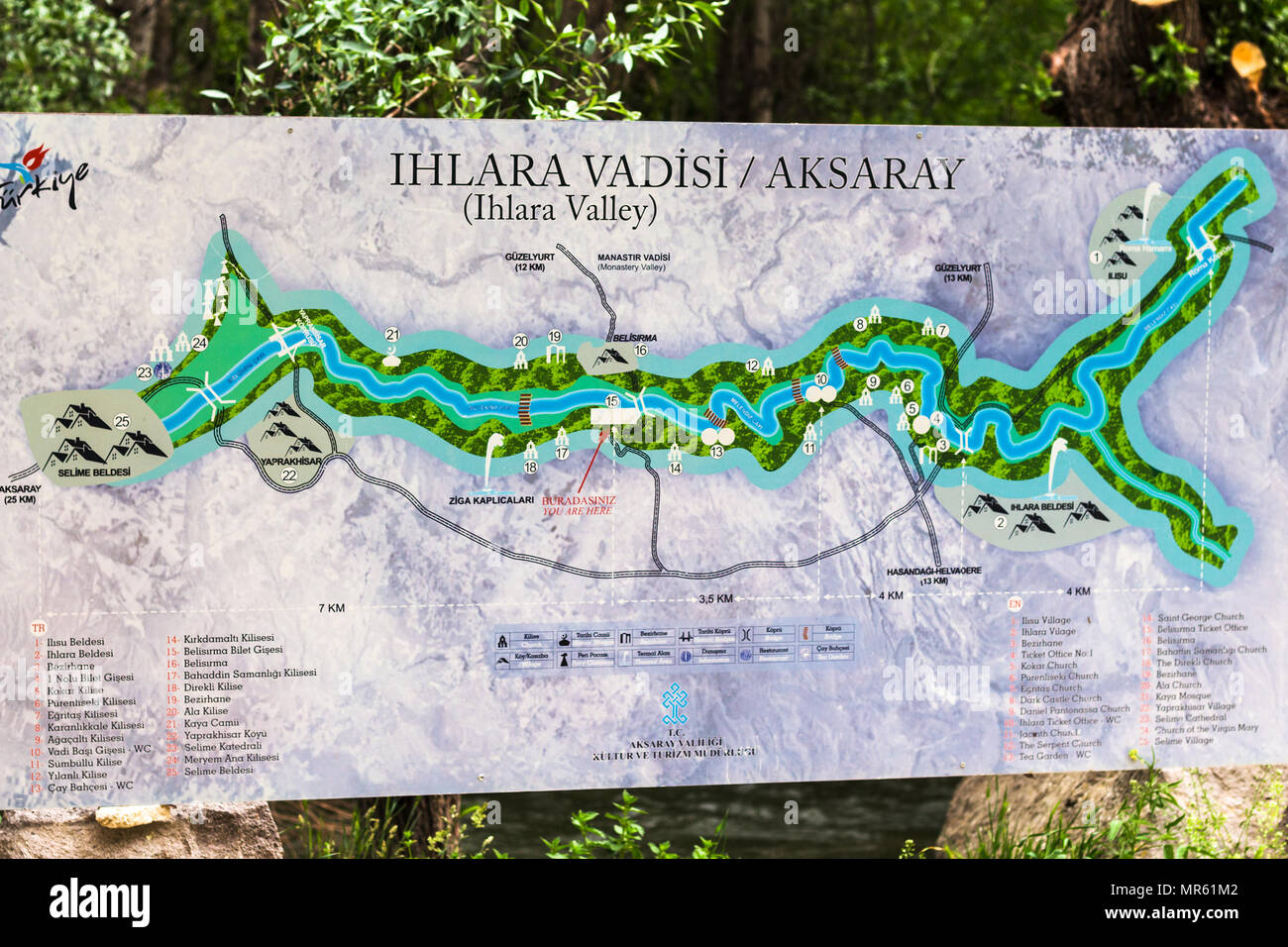 IHLARA VALLEY, TURKEY - MAY 6, 2018: outdoor map of Ihlara Valley in gorge in Aksaray Province. Ihlara Valley is 16 km long gorge, it is the most famo Stock Photo