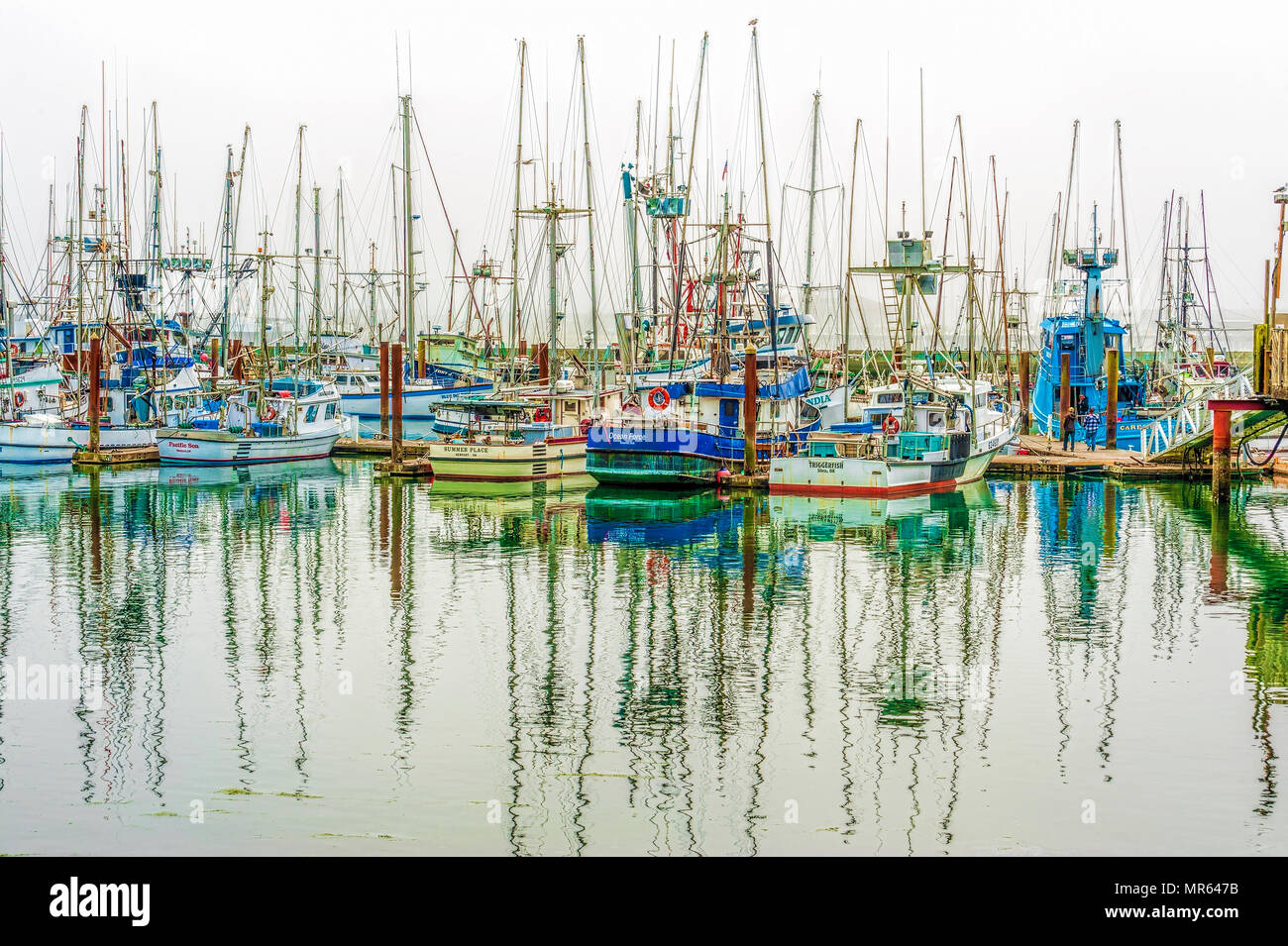 Newport, Oregon,USA - August 23, 2016:  Slowly lifting fog above commercial fishing boats in New Port Harbor on the Oregon Coast Stock Photo