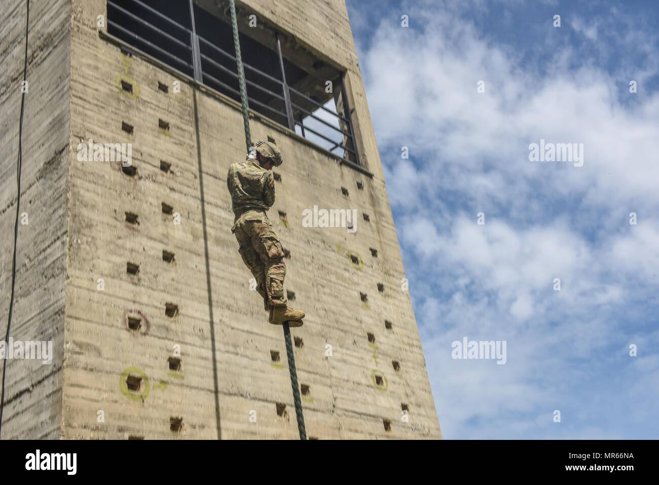 Greek paratroopers with 1st Paratrooper Commando Brigade, Greek Army conduct rappelling and fast rope training for Sky Soldiers from B Company, 1st Battalion, 503rd Infantry Regiment, 173rd Airborne Brigade, May 19, 2017 in Camp Rentina, Greece as a part of Exercise Bayonet Minotaur 2017. Bayonet-Minotaur is a bilateral training exercise between U.S. Soldiers assigned to 173rd Airborne Brigade and the Greek Armed Forces, focused on enhancing NATO operational standards and developing individual technical skills. Stock Photo