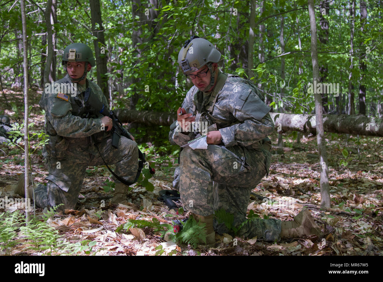 A U.S. Army officer candidate acting as squad leader sends up a SALUTE report during a bunker clearing lane at New Hampshire National Guard Training Site in Center Strafford, Nh., May 19, 2017. Soldiers from Connecticut, Maine, Massachusetts, New Hampshire, New Jersey, New York, Rhode Island, and Vermont participated in the Officer Candidate School Field Leadership Exercise in preparation for graduation and commission. (U.S. Army National Guard photo by Spc. Avery Cunningham) Stock Photo