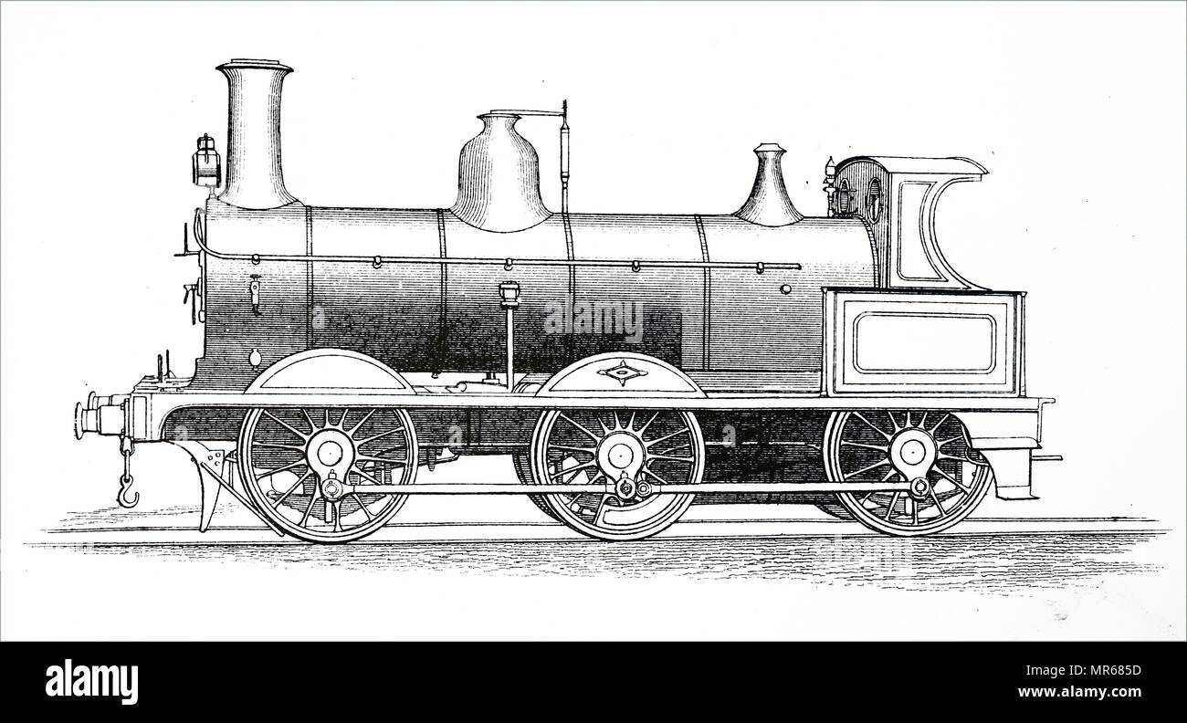 Engraving depicting a 0-6-0 locomotive. Under the Whyte notation for the classification of steam locomotives, 0-6-0 represents the wheel arrangement of no leading wheels, six powered and coupled driving wheels on three axles and no trailing wheels. Dated 19th century Stock Photo