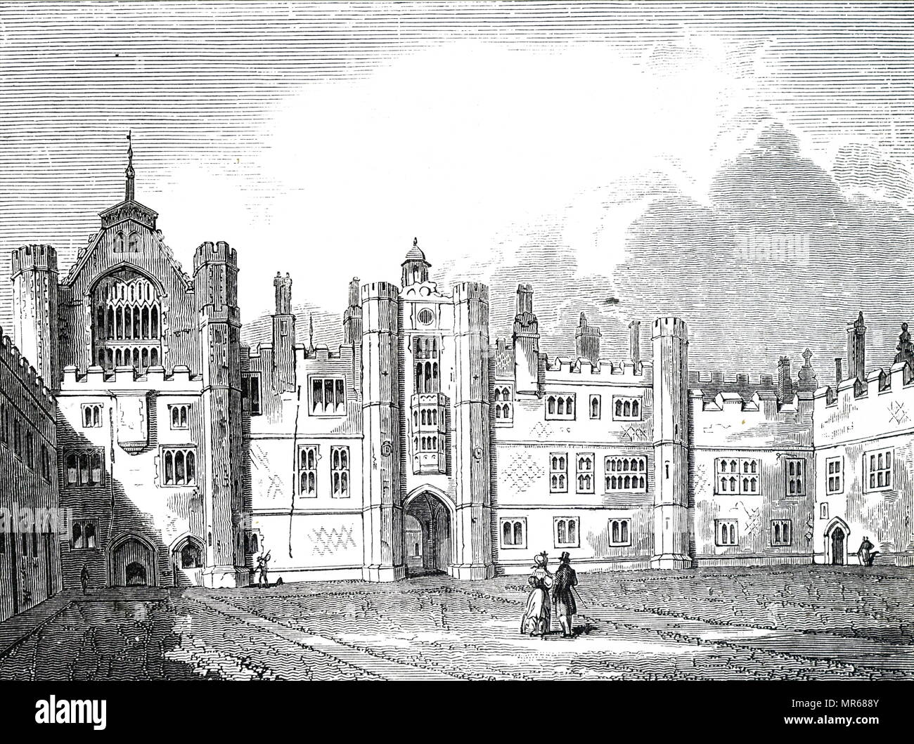 Engraving depicting the exterior of Hampton Court Palace, royal palace in the borough of Richmond upon Thames, London, built for Cardinal Thomas Wolsey. Cardinal Thomas Wolsey (1473-1530) an English churchman, statesman and a cardinal of the Catholic Church. Dated 19th century Stock Photo