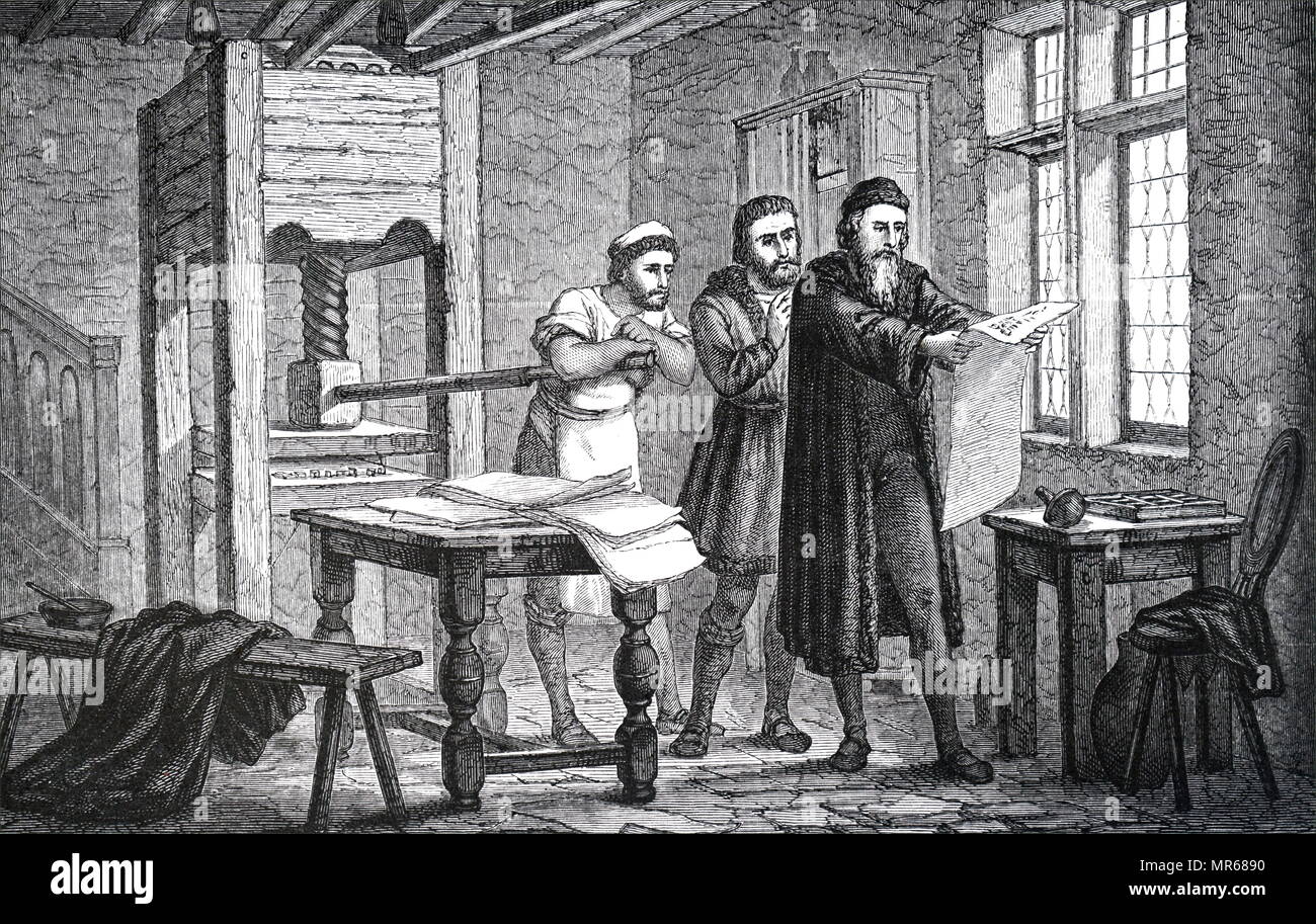 Engraving Depicting Johannes Gutenberg Examining The First Page Of The 