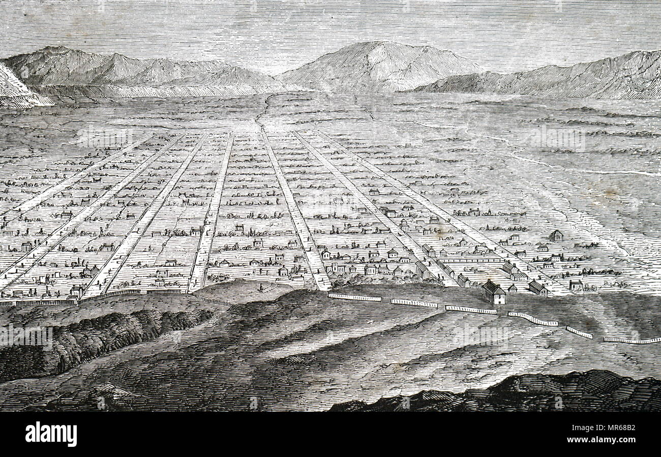 Engraving depicting a view of Salt Lake City, Utah. Dated 19th century