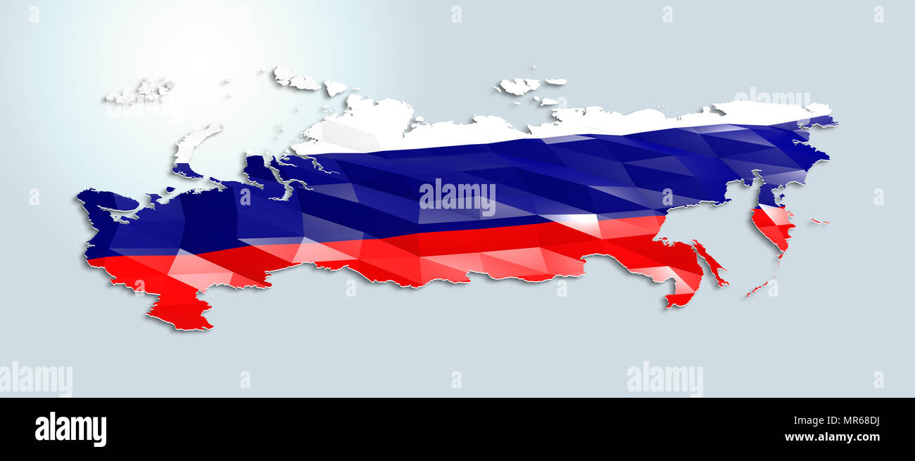 Low poly flag in Map of Russia, 3d rendering, art icon Stock Photo
