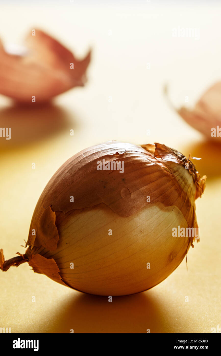 Onion with backlight with onion skins at the bottom on yellow surface