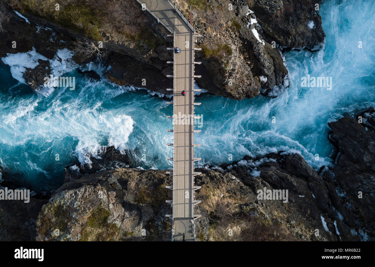 Aerial view, bridge and raging river Hvítá from above, near the Hraunfossar waterfalls, West Island, Iceland Stock Photo