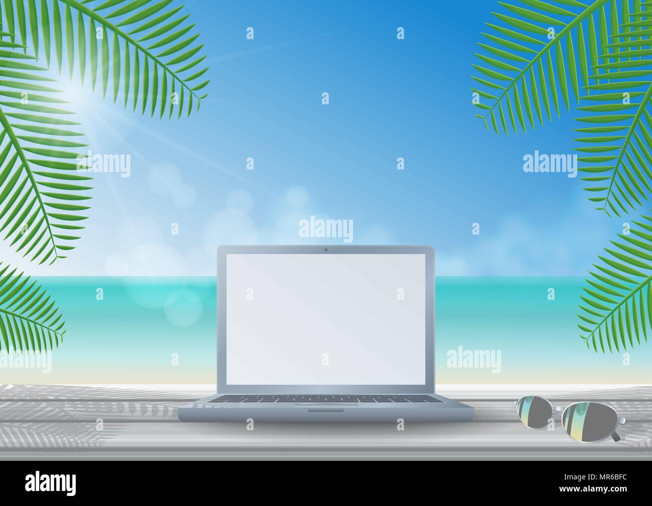Laptop computer on front view with sunglasses on wooden desk in a sunny day under coconut trees shade on the beach, sea, clouds and clear blue sky bac Stock Vector