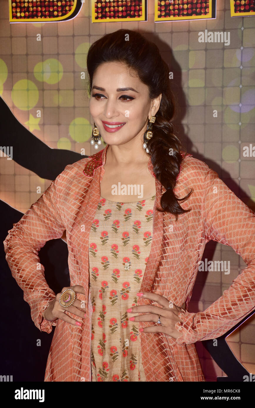 Mumbai, India. 24th May, 2018. Indian film actress Madhuri Dixit Nene pose for a picture during the dance reality show 'Dance Deewane' launch at hotel JW Marriott, Juhu in Mumbai. Credit: Azhar Khan/Pacific Press/Alamy Live News Stock Photo