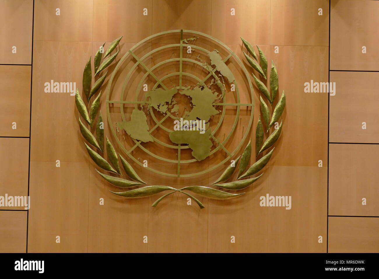 Logo of the United nations, in the assembly hall at UN Headquarters, Geneva, Switzerland Stock Photo