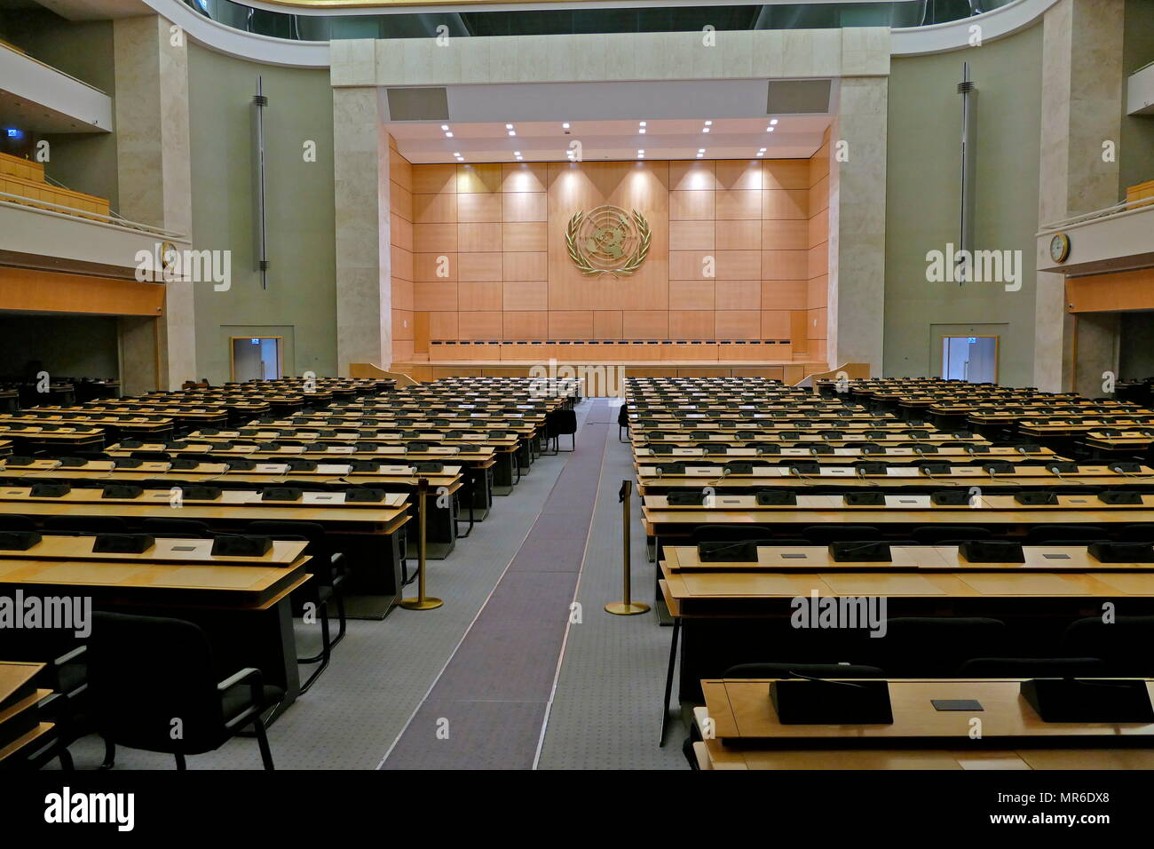 assembly hall at UN Headquarters, Geneva, Switzerland. The United Nations Office at Geneva (UNOG) is the second-largest of the four major office sites of the United Nations (second to the United Nations Headquarters in New York City). It is located in the Palais des Nations building constructed for the League of Nations Stock Photo