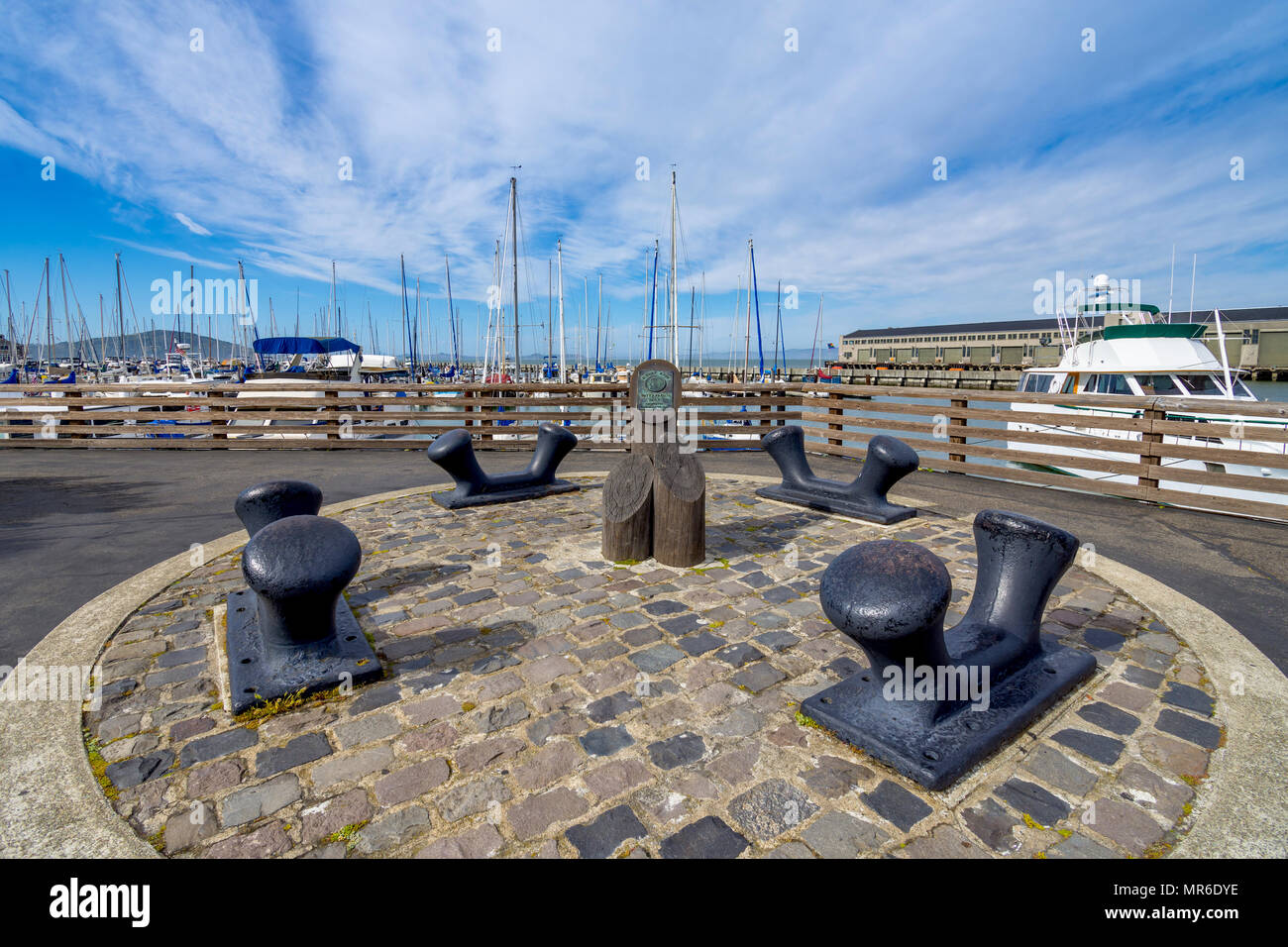 Old ship bollards repositioned on the Sidney Rudy Waterfront Park, Fishermans Wharf, San Francisco, CA, USA. Stock Photo