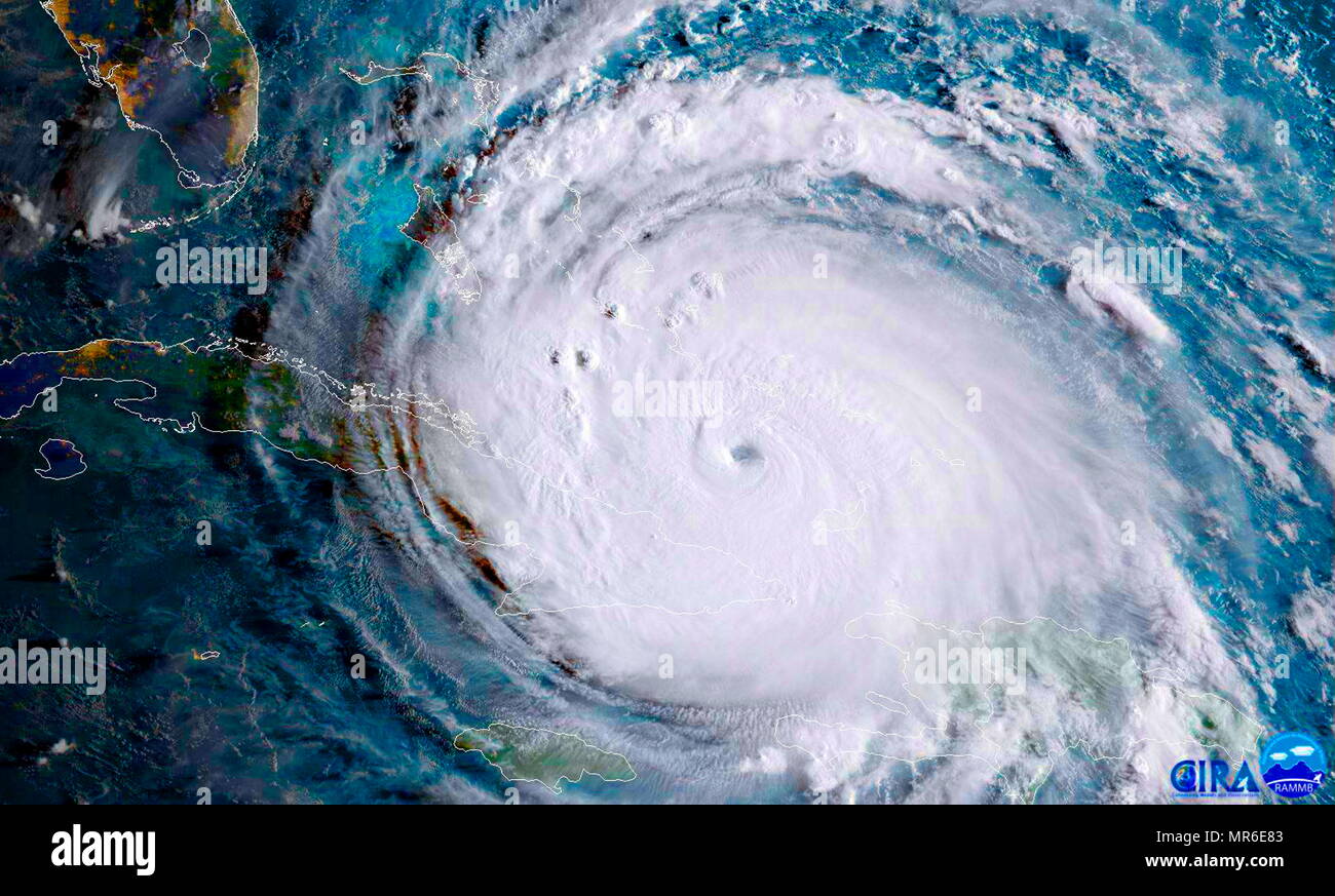 NOAA-NASA satellite GOES-16 captured this geocolor image of Hurricane Irma passing the eastern end of Cuba at about 8:00 a.m. EDT on Sept. 8, 2017. Stock Photo