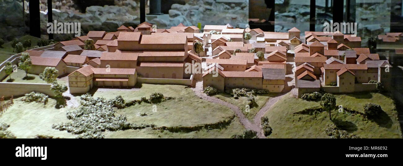 Reconstruction (model) of 6th century buildings in Geneva, Switzerland. Geneva was occupied by the Romans in 121 BC. It became Christian under the Late Roman Empire, and acquired its first bishop in the 5th century Stock Photo