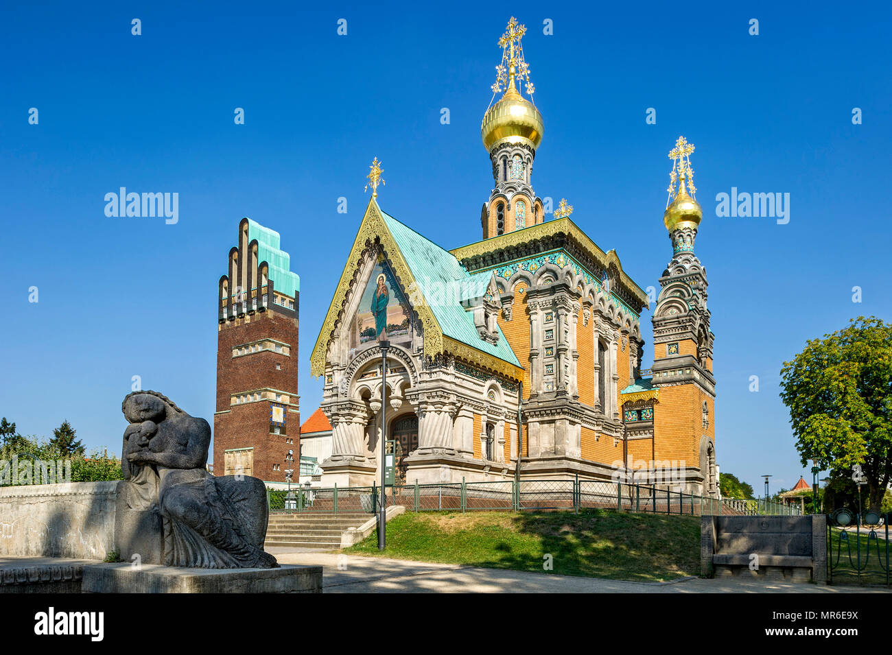 Russian Chapel of St. Mary Magdalene by Leonti Nikolayevich Benois, Wedding Tower, sculpture of Virgin Mary and Child by Stock Photo