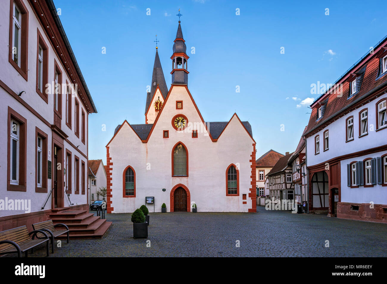 Municipal church St. Nikolaus, left City Hall, Market Square, Babenhausen, Hesse, Germany Stock Photo