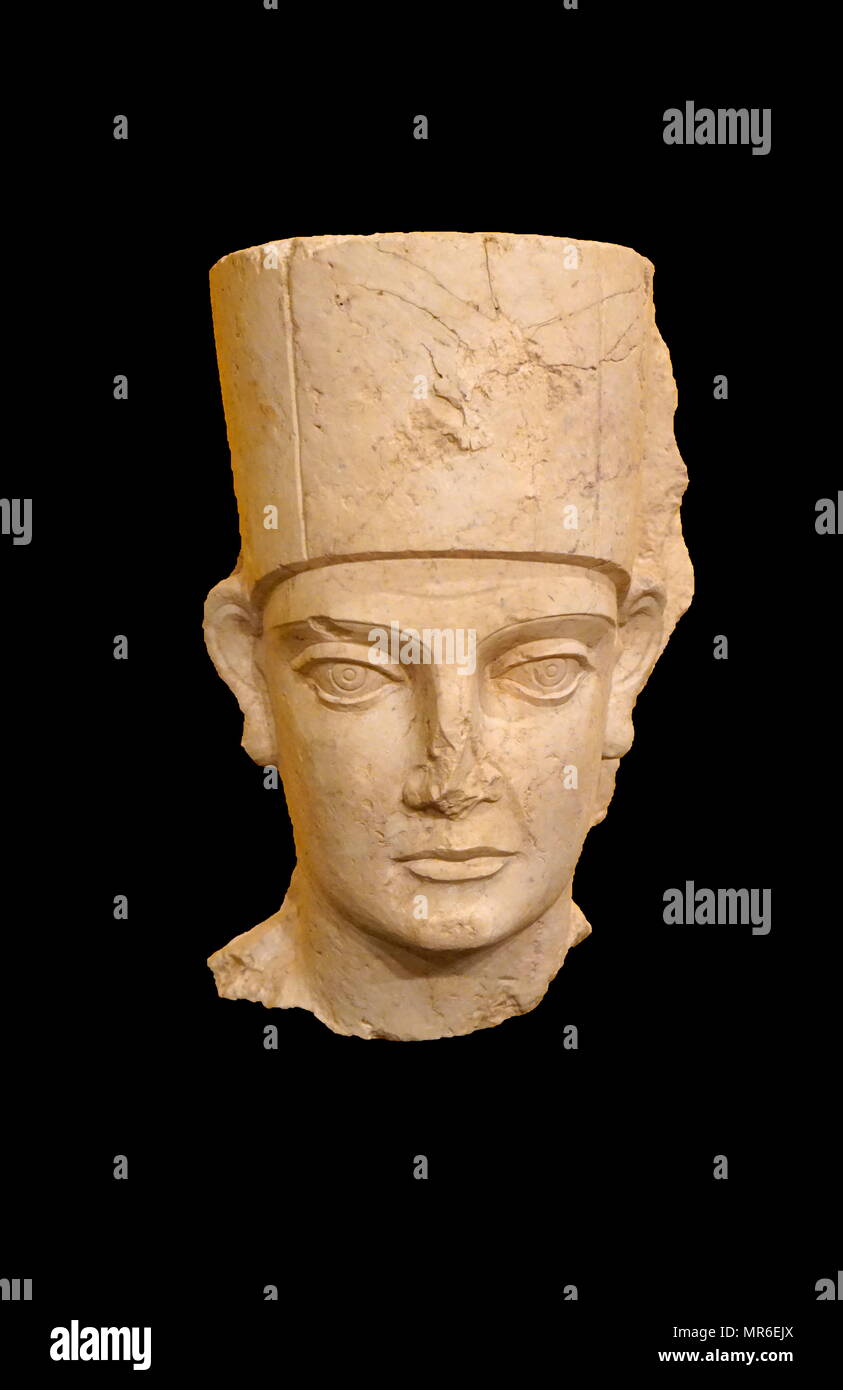 Head of a priest wearing a cylindrical modius. Limestone fine carved in high relief (rear part torn off) 2nd - 3rd century AD. Syria, Palmyra Stock Photo