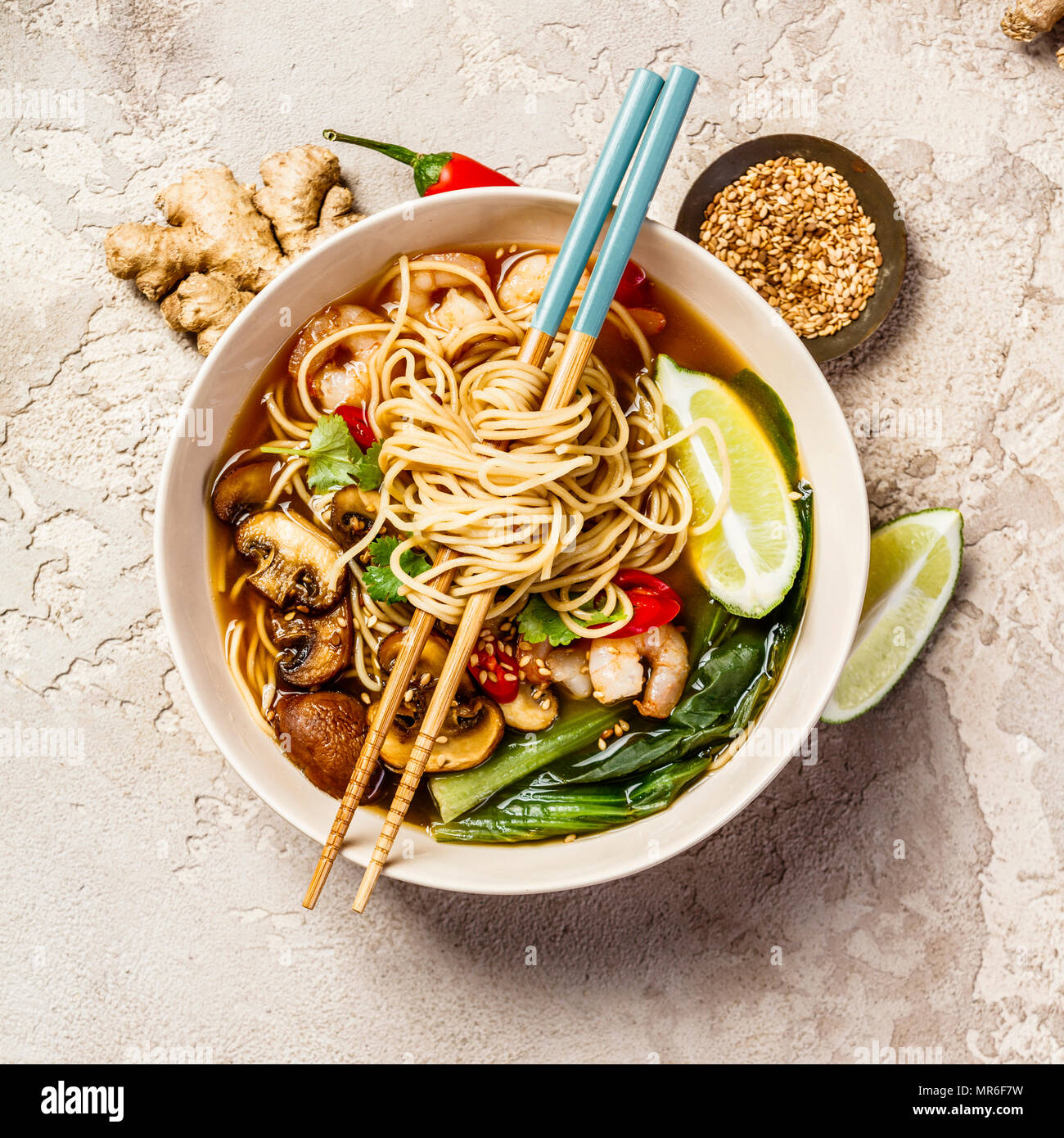 Asian soup with noodles (ramen), with miso paste, soy sauce, greens