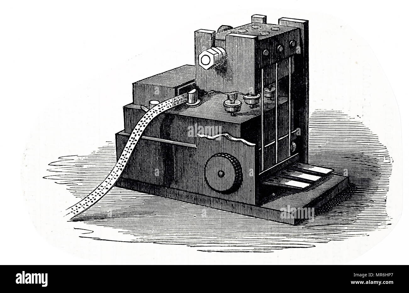 Engraving depicting a pneumatically operated perforating machine for Morse electric telegraphs. Shown at the International Electric Exhibition at the Crystal Palace. Dated 19th century Stock Photo