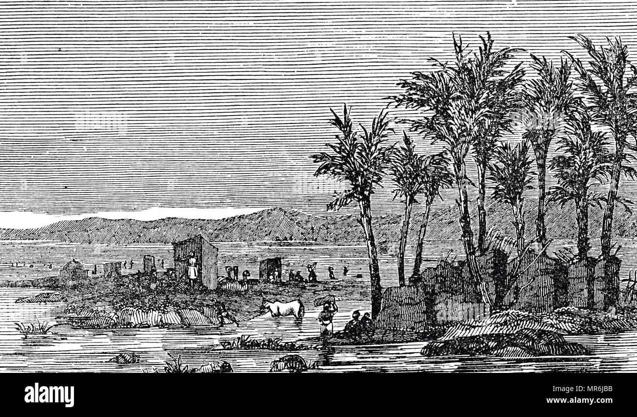 Engraving depicting the annual inundation of the Nile. This was vitally important to Egypt because it governed the fertility of the soil, and could mean the difference between the abundance and starvation. Dated 19th century Stock Photo