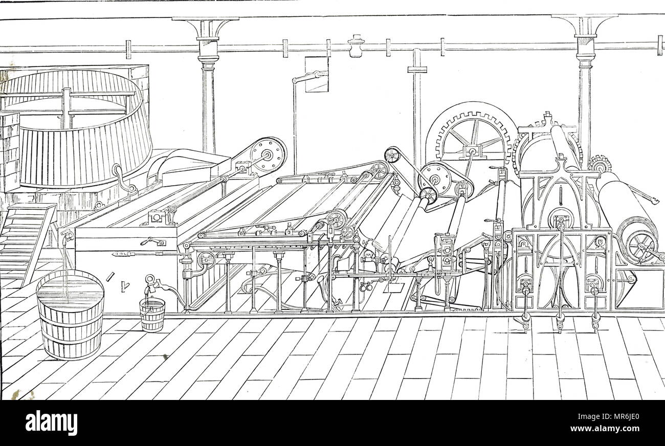 Illustration depicting paper making machinery: Upper left is reservoir containing prepared pulp which is mixed with water and passed through a sieve into a vat. From here it flows through a fine wire cloth on which the paper is formed as the water is vibrated out. The cloth and water are passed through heavy rollers, then onto three steam heated rollers of increasing temperature before being wound into a finished roll - right. Dated 19th century Stock Photo