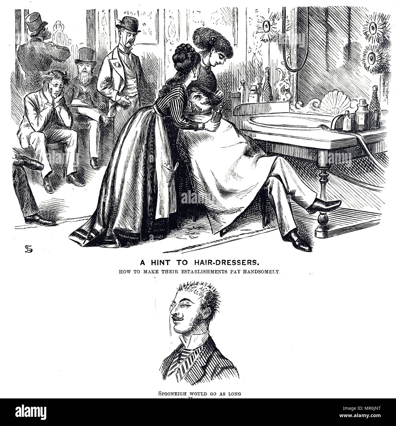 Cartoon commenting on the pleasures and hazards of having one's hair cut by a female barber. Dated 19th century Stock Photo