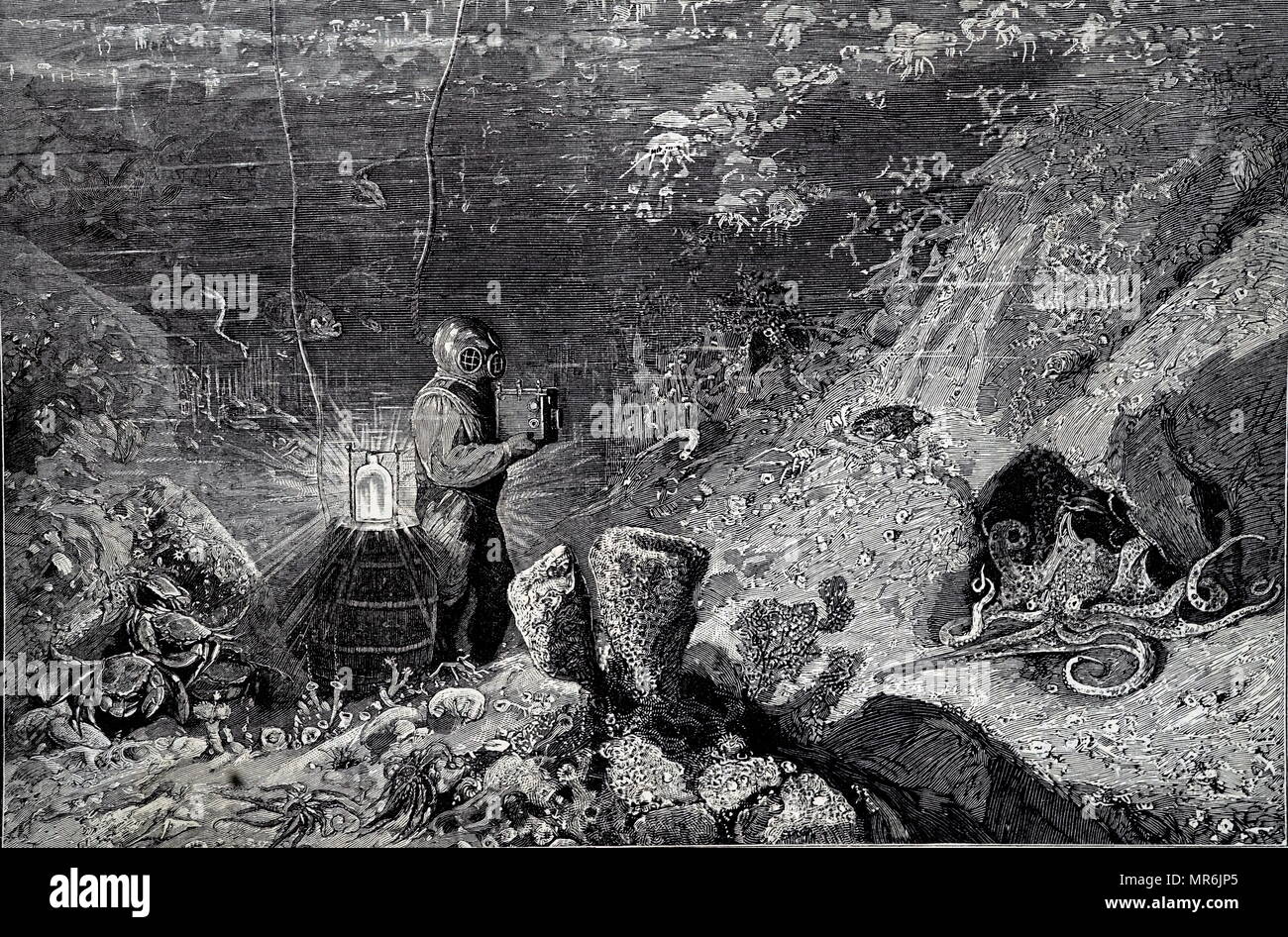 Engraving depicting a diver taking photographs on the sea floor. Dated 19th century Stock Photo