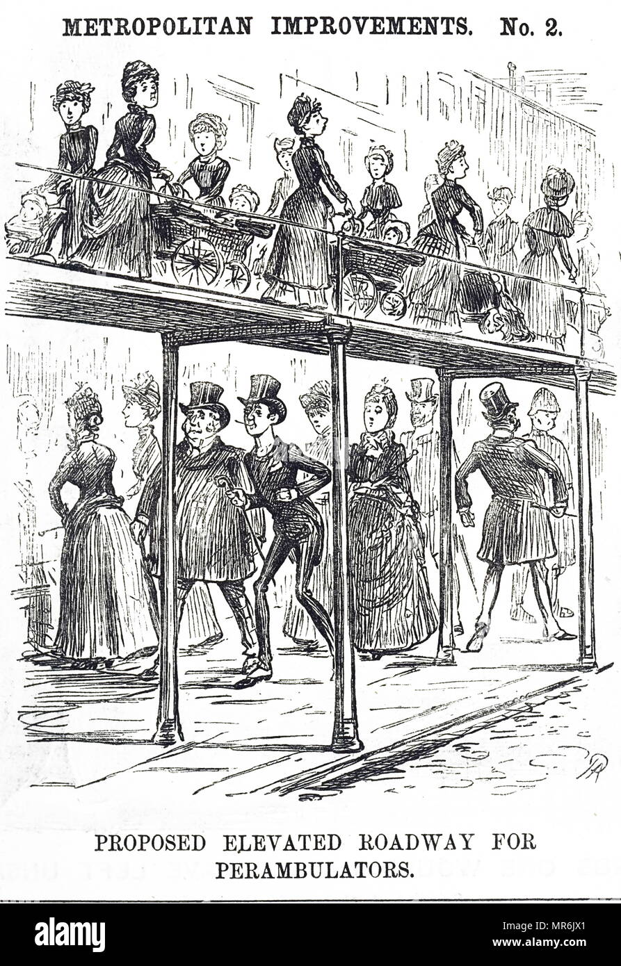 Cartoon proposing an elevated pavement to ease foot traffic. Dated 19th century Stock Photo